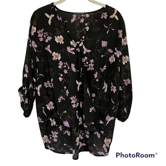 Stitch Fix West Kei Blouse Womens Small Black Floral Knot Roll Tab Sleeve Top - Picture 1 of 5